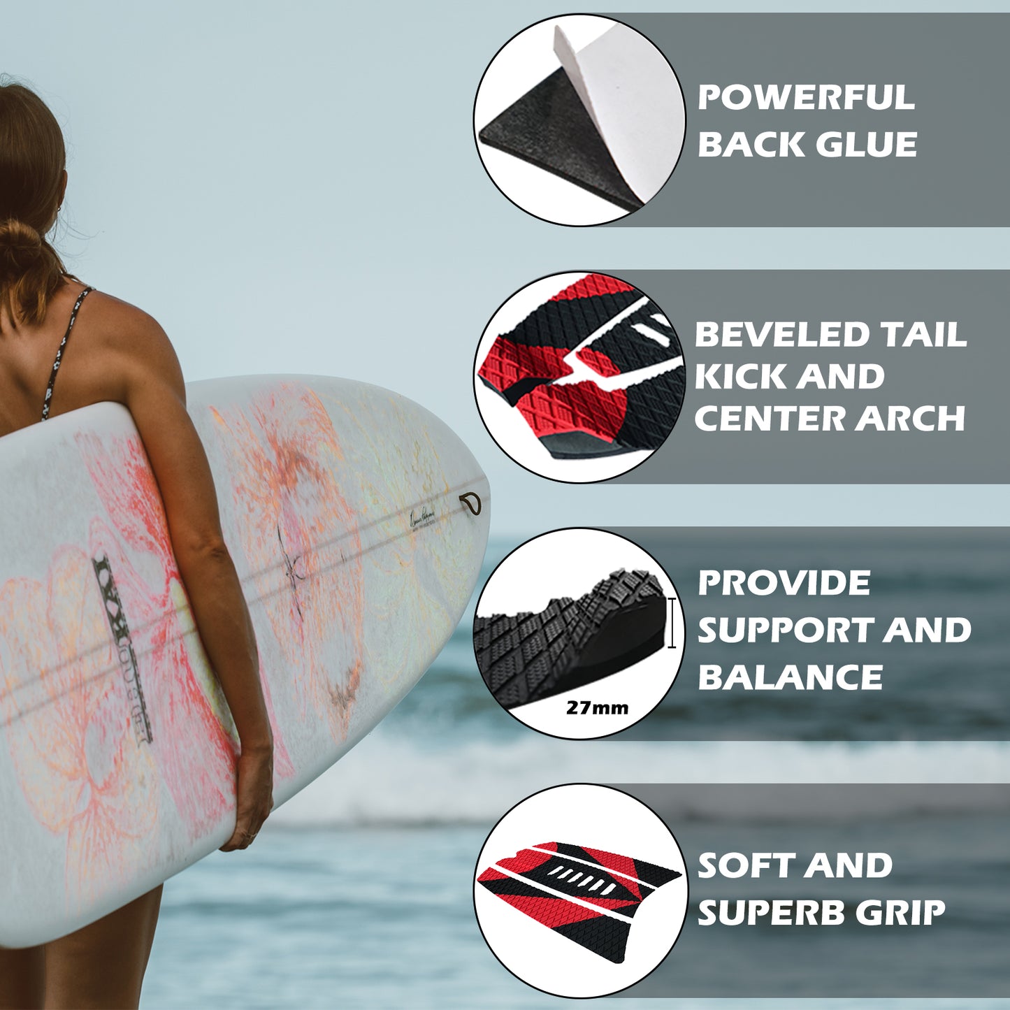 6Pcs Customizable Red Surfboard Traction Pads – Premium EVA Non-Slip Mat with Diamond & Straight Groove Textures for Surfboards & Longboards - Kxkzren